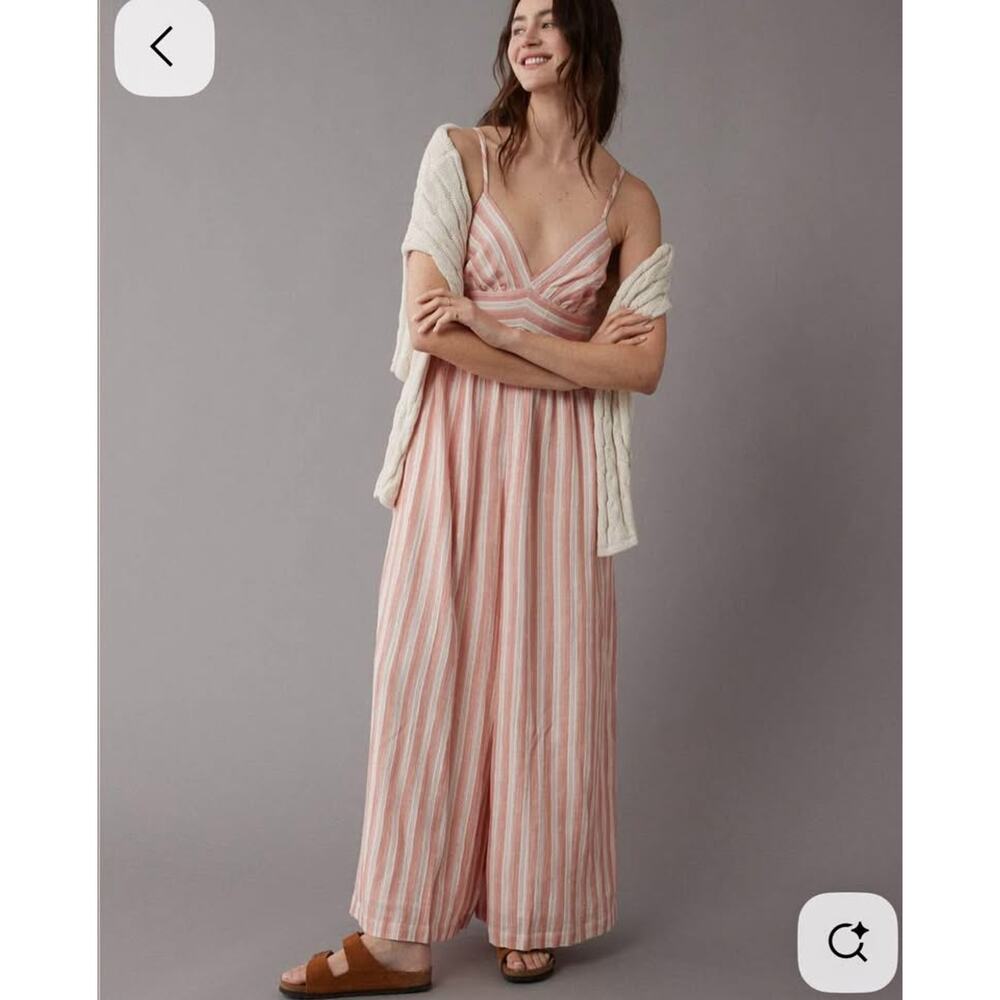 American Eagle Womens Boho Striped Wide Leg Linen Blend Jumpsuit‎ XS NEW Coastal
